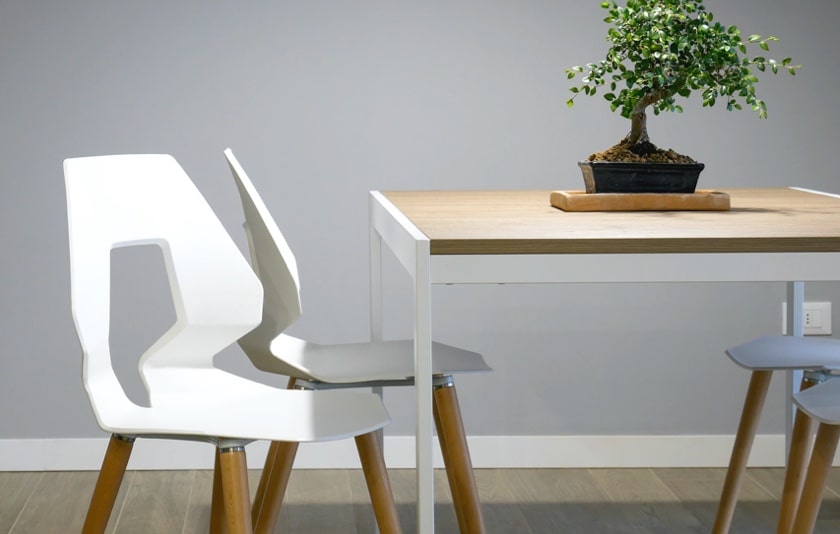 A white chair with a plant on the table, under fair lighting conditions.